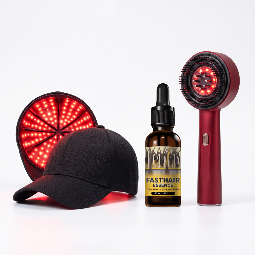 VISION GLOW Cap, Serum, and Red Massage Comb Super Deal Bundle